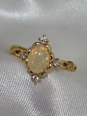 Gold Tone Opal Ring Size 6 – Vintage Style Simulated Opal with CZ Accents Women